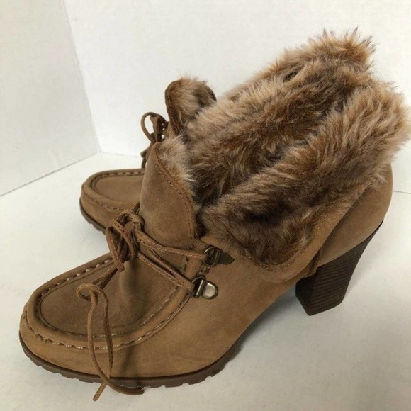 Audrey Brooke Shoes - AUDREY BROOKE Rylee Brown Leather Faux Fur Lined Fold Over Ankle Boot Womens 7.5